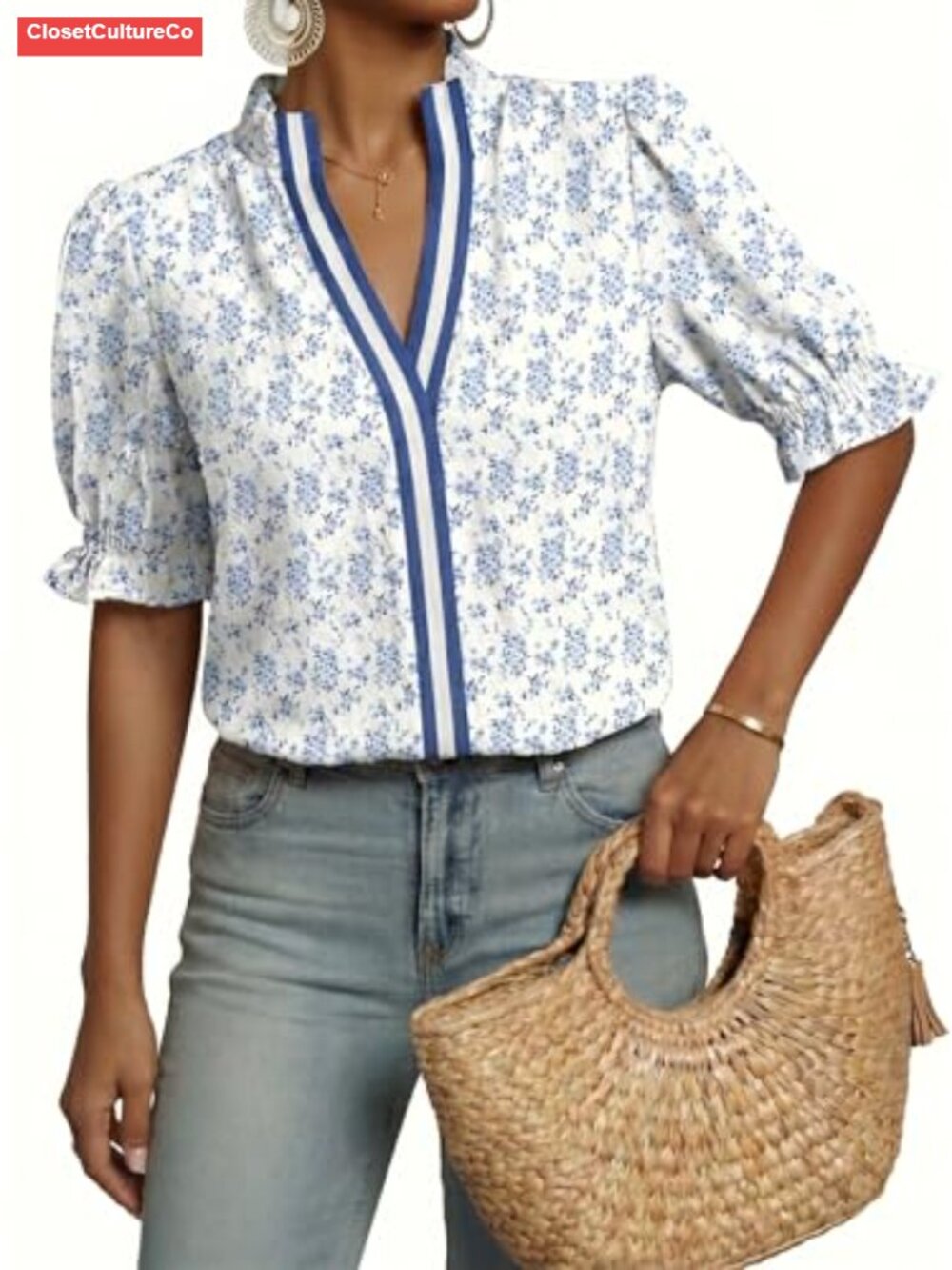 Womens Boho Floral Ruffle Puff Short Sleeve V Neck Blouse Top